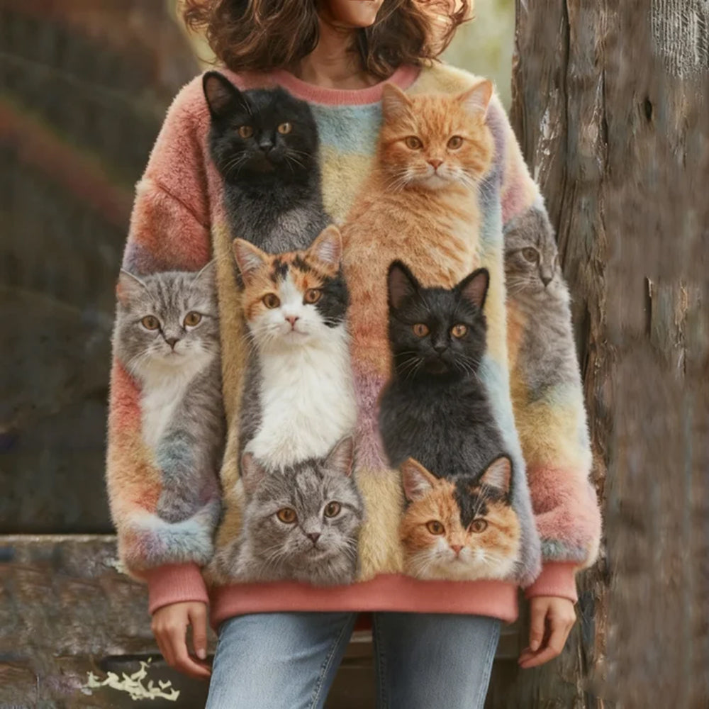 Probe Cat Flannel Round Neck Hoodie elevenforest