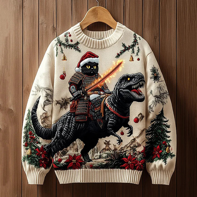 Men's Black Cat Warrior Dinosaur Merry Christmas Print Knit Sweater elevenforest
