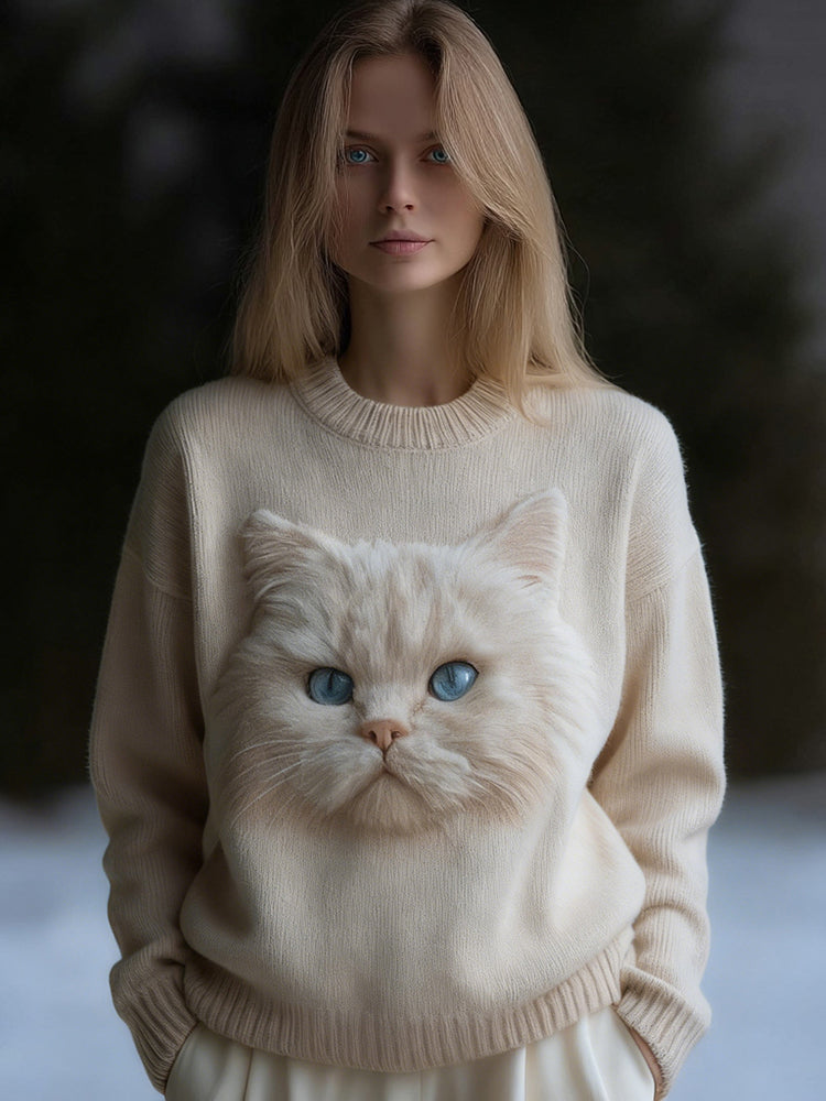 Cute Fuzzy Cat Art Round Neck Cozy Knit Sweater elevenforest