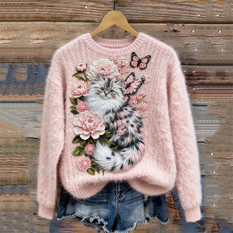 Classy Fuzzy Cat Floral Art Cozy Knit Sweater elevenforest