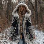 Women's Vintage Celtic Knot Knitted Print Fur Collar Zipper Sweater Jacket artswardrobe