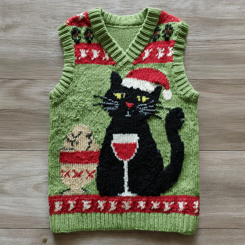 Christmas Black Cat Pattern V Neck Cozy Knit Vest elevenforest