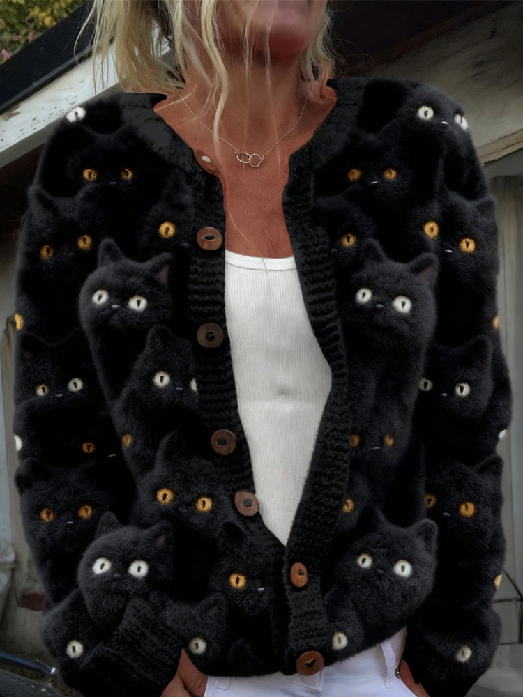 Cute Fuzzy Black Cats Round Neck Cozy Cardigan elevenforest