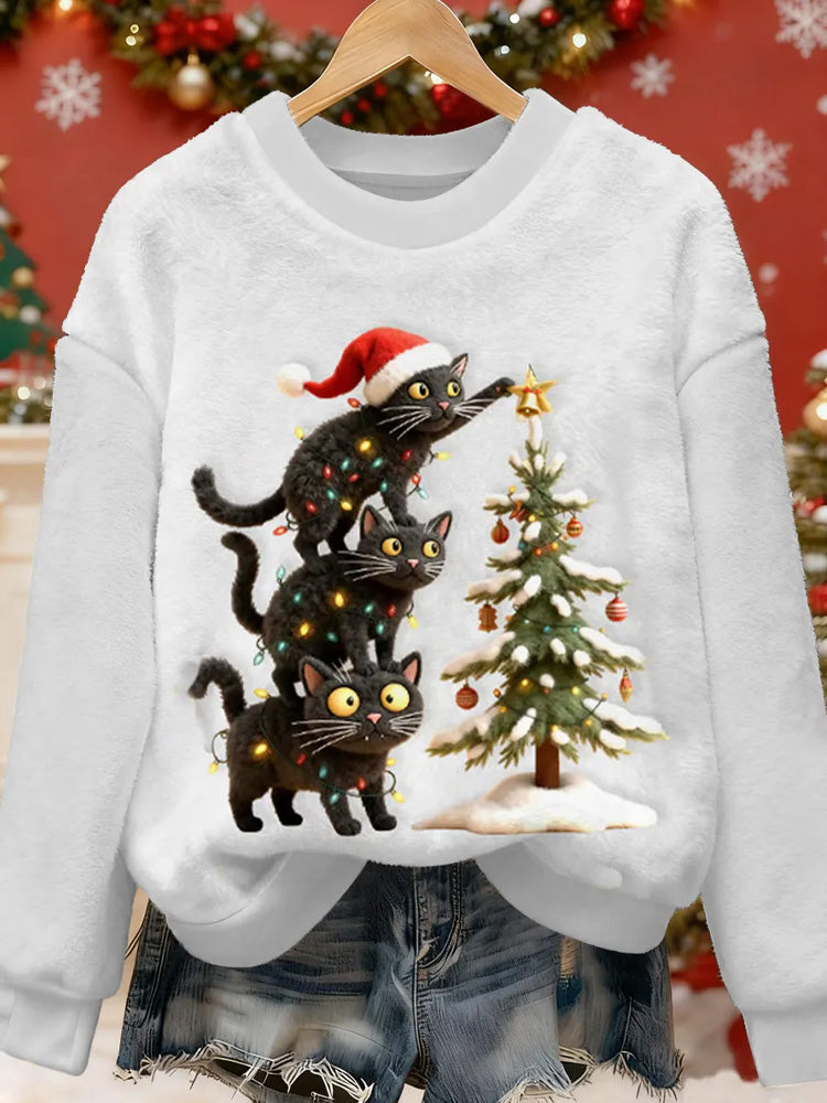 Women's Cute Christmas Cat Art Print Casual Flannel Sweater elevenforest