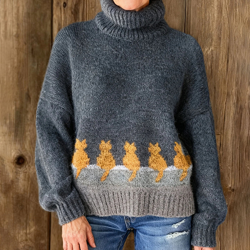 Women's Cute Cats Print Knit Turtleneck Pullover Sweater elevenforest