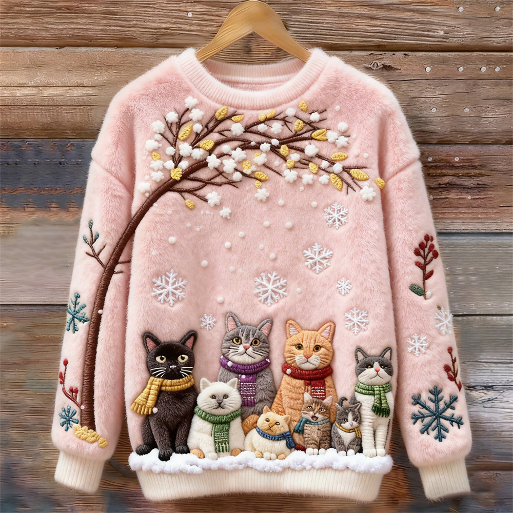 Christmas Cats Embroidery Women's Cozy Plush Sweater artswardrobe