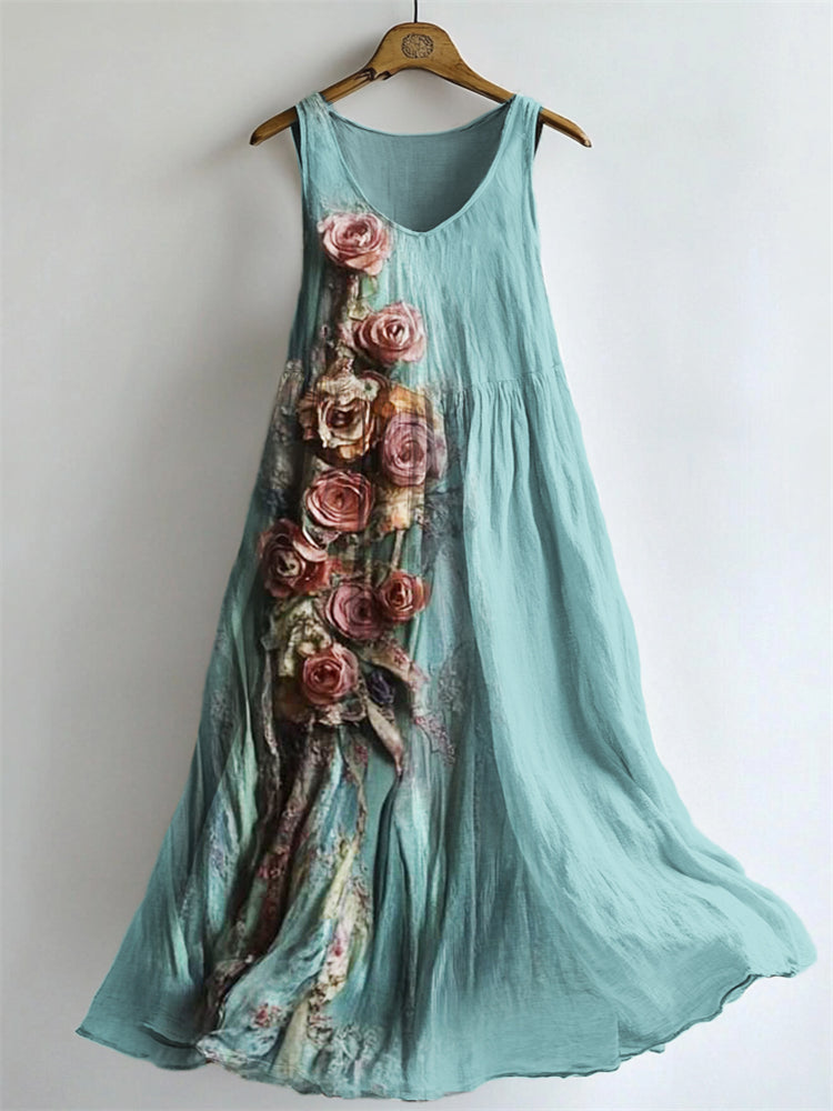 Vintage Roses Floral Flowy Linen Maxi Tank Dress artswardrobe