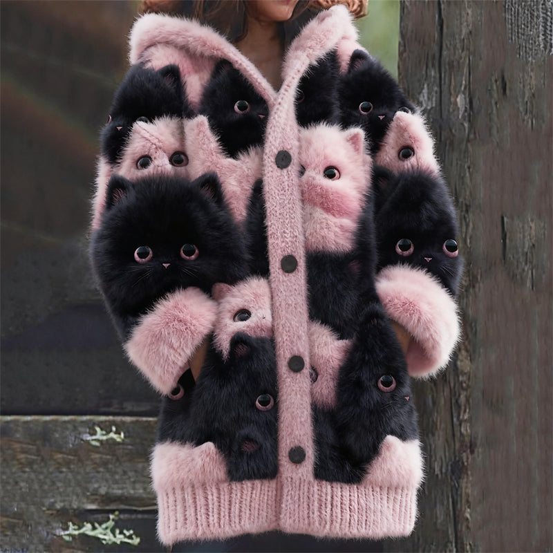 Lovely Pink & Black Cats Fuzzy Knit Hooded Cardigan elevenforest