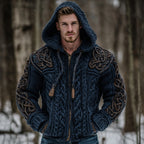 Men's Vintage Viking Celtic Knot Art Chunky Knit Hooded Zip-up Sweater artswardrobe