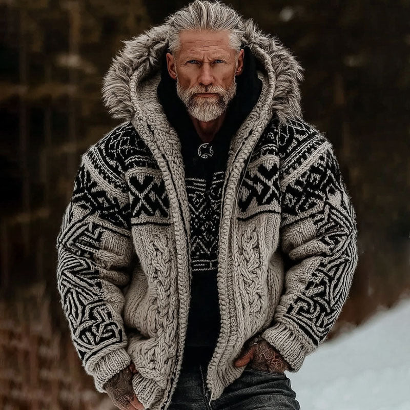 Men's Viking Celtic Art Cozy Fur Collar Knit Hooded Sweater Jacket artswardrobe
