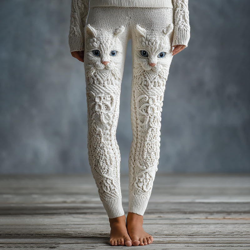 Women's Cute Cat Face Embroidered Cozy Knit Leggings elevenforest