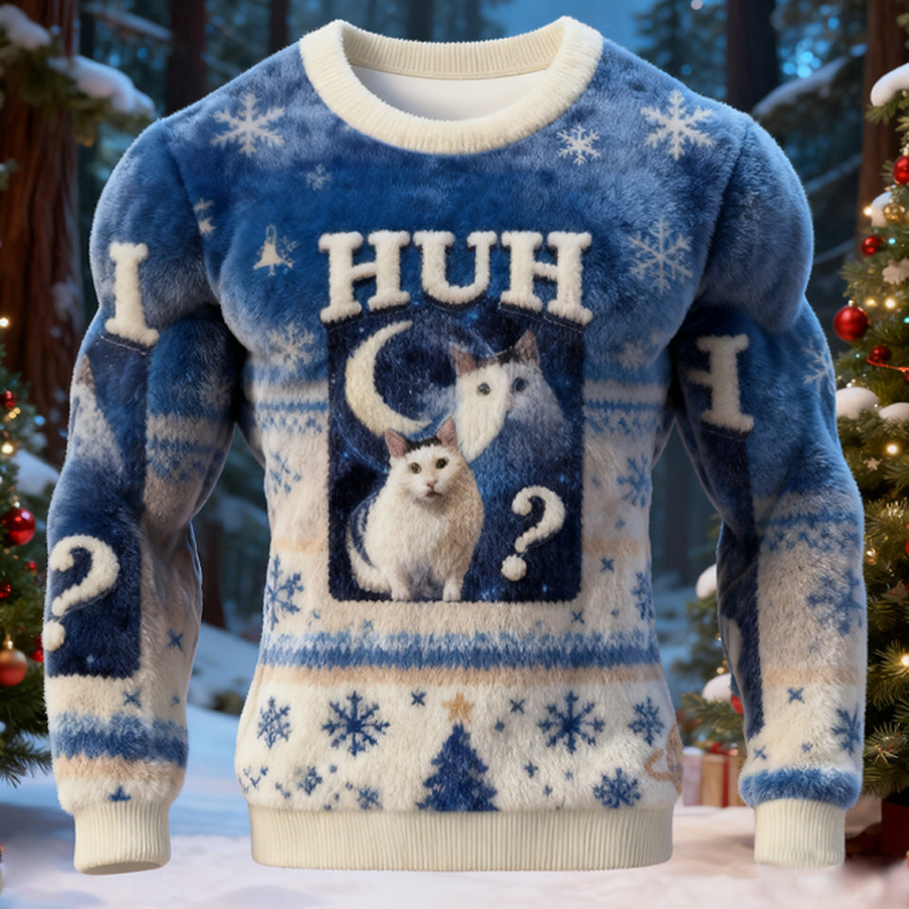 Huh Cat Funny Dank Meme Moon Christmas Ugly Sweatshirt elevenforest