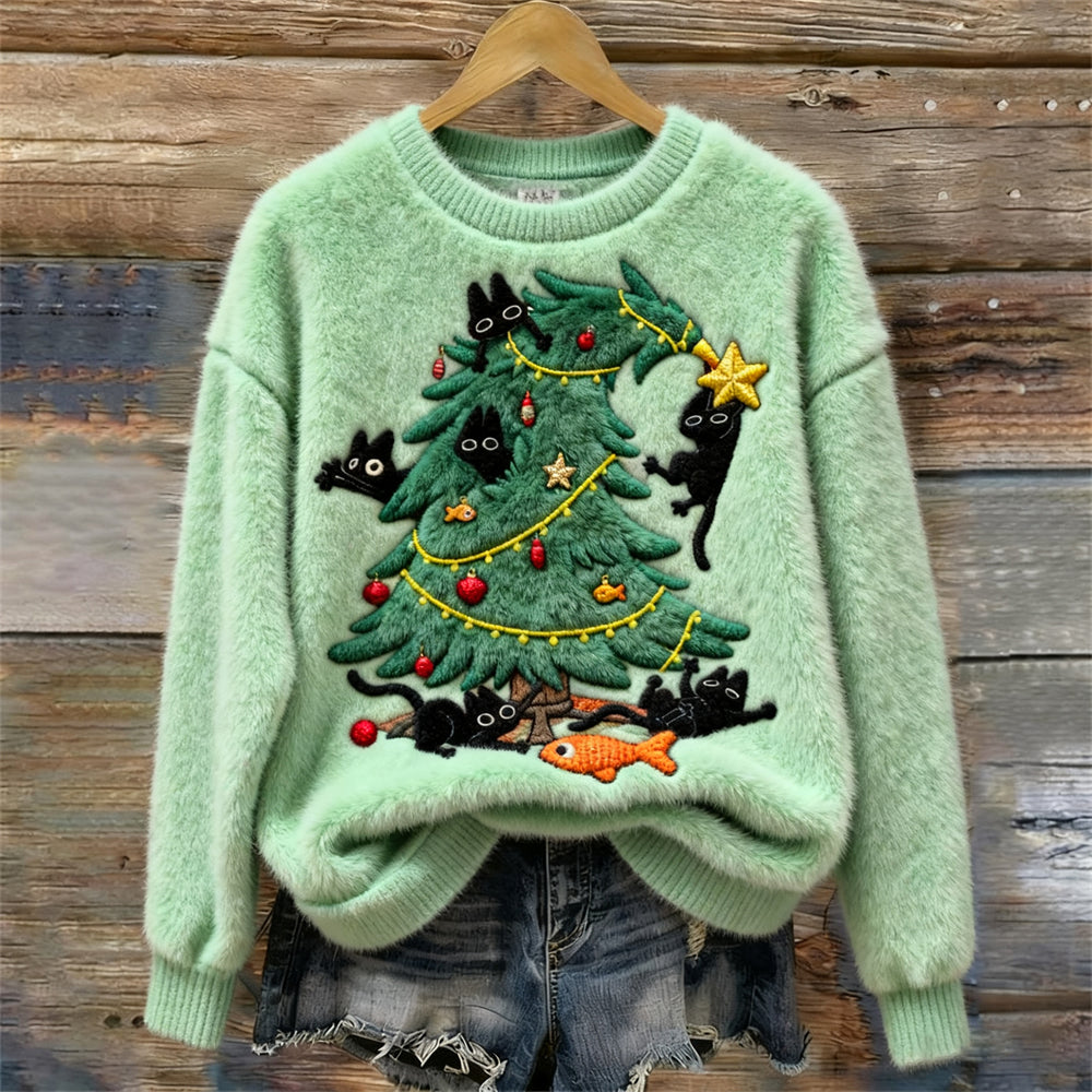 Christmas Tree Playful Cats Women's Cozy Plush Sweater artswardrobe