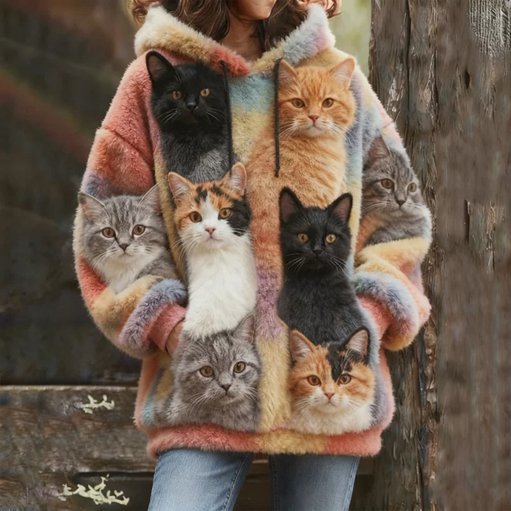 Probe Cute Cat Flannel Hoodie elevenforest