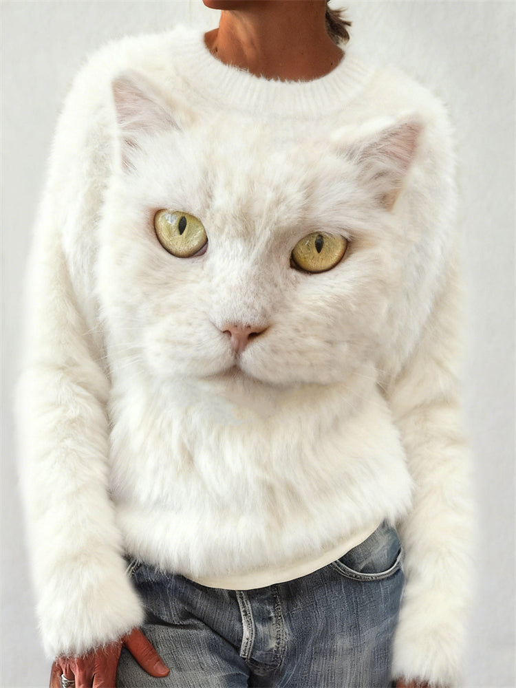 Fuzzy White Cat Face Cozy Plush Sweatshirt elevenforest
