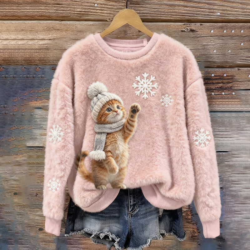 Cute Cat Snowflake Embroidery Plush Warm Crew Neck Sweater elevenforest