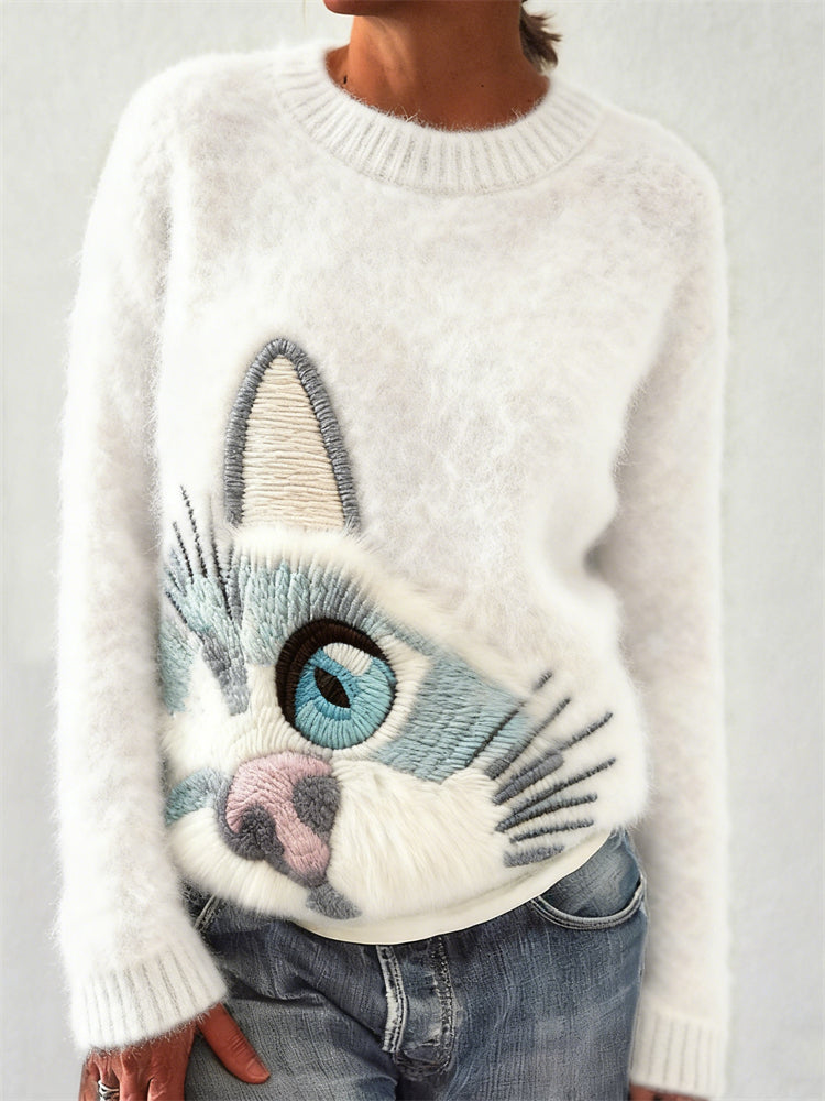 Lovely Cat Face Embroidered Cozy Knit Sweater elevenforest