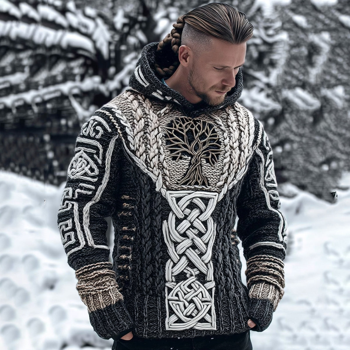 Men's Viking Tribal Jacquard Celtic With Tree Of Life Inspired Chunky Knit Hooded Sweater artswardrobe