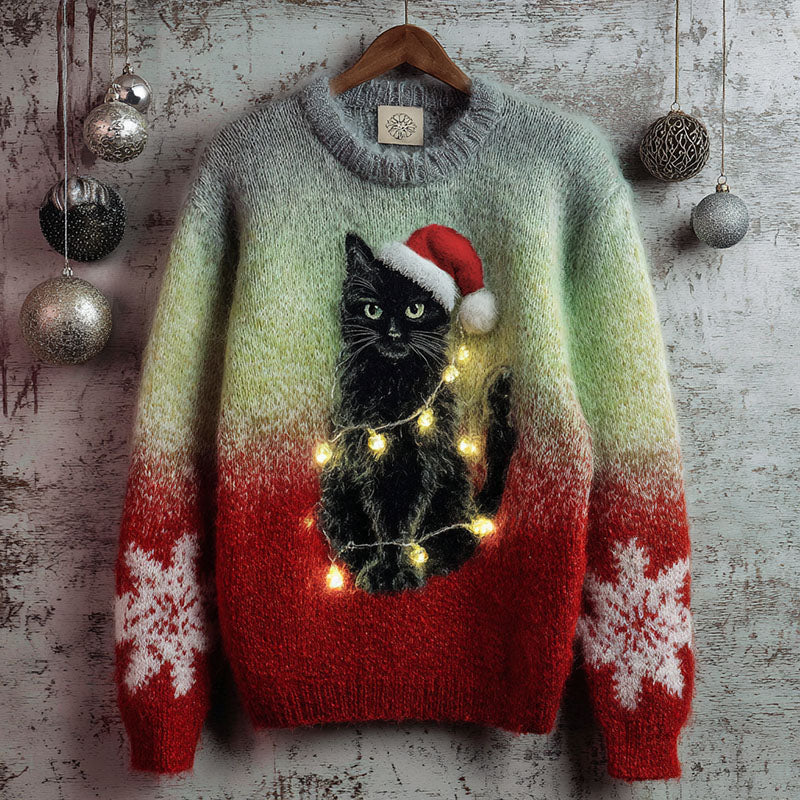 Christmas Cute Cat Art Cozy Knit Sweater elevenforest