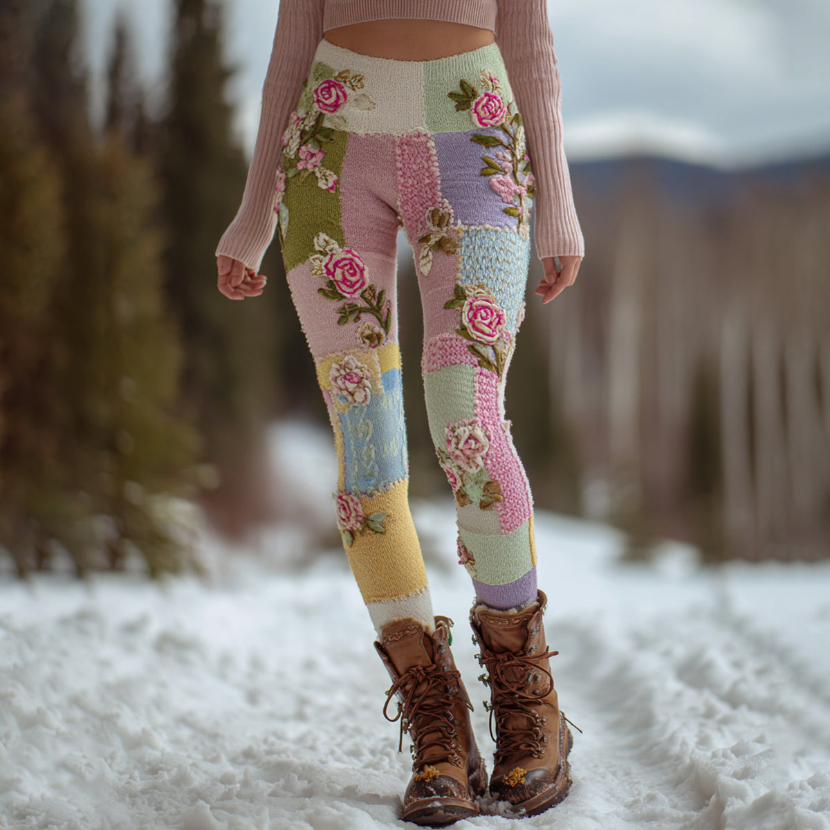 Women's Vintage Floral Patchwork Cozy Knit Leggings artswardrobe
