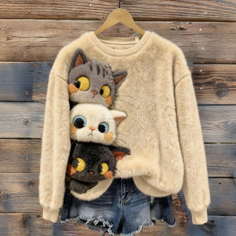 Cute Cat Plush Warm Crew Neck Sweater elevenforest