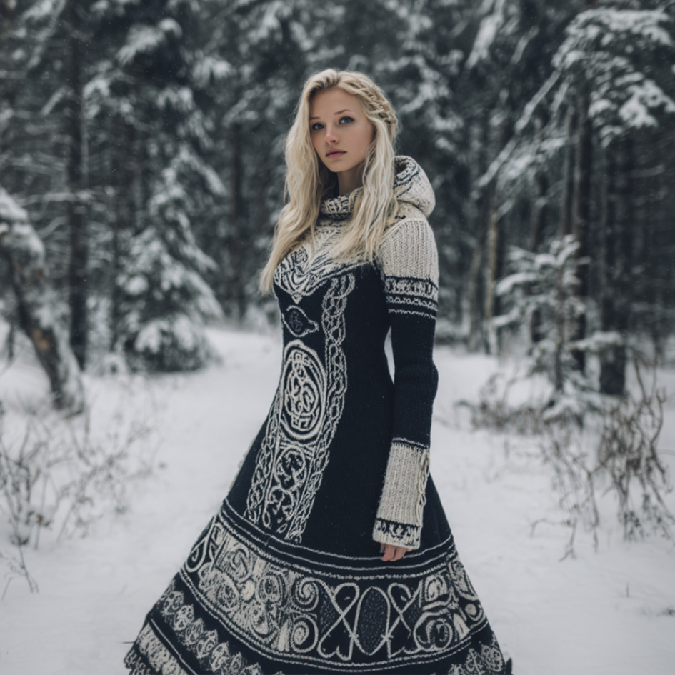 Vintage Viking Style Women's Hooded Knitted Sweater Dress artswardrobe
