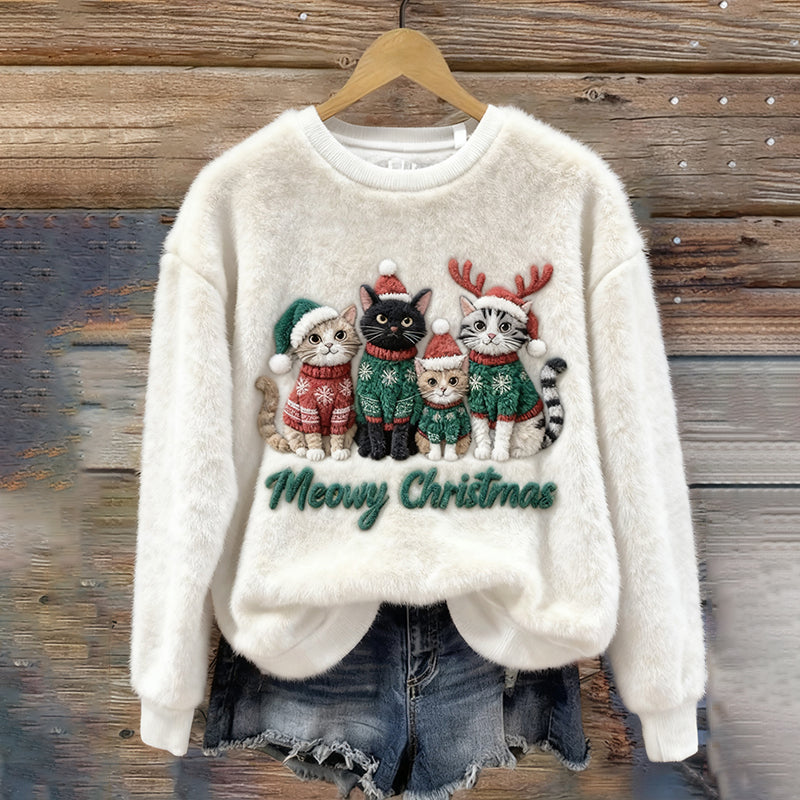Christmas Cat Family Plush Pattern Sweater elevenforest