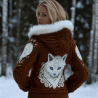 Viking Retro Style Cat Embroidery Pattern Women's Knit Hooded Sweater Jacket artswardrobe
