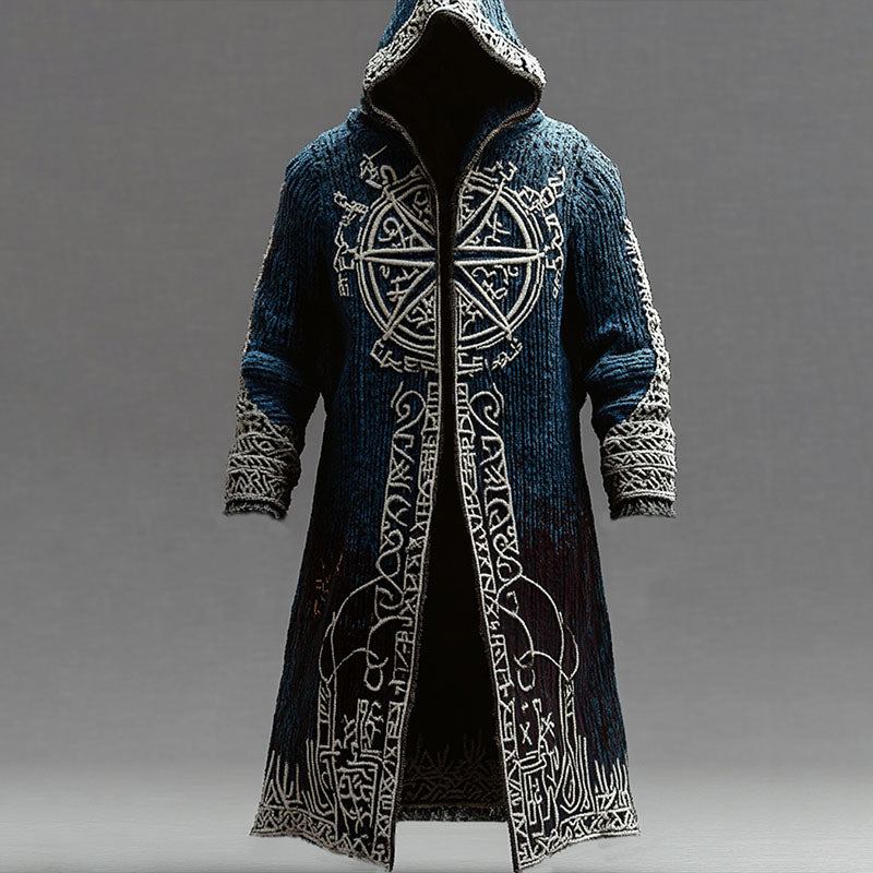 Men's Viking Contrast-color Compass Embroidered Knit Hooded Coat artswardrobe