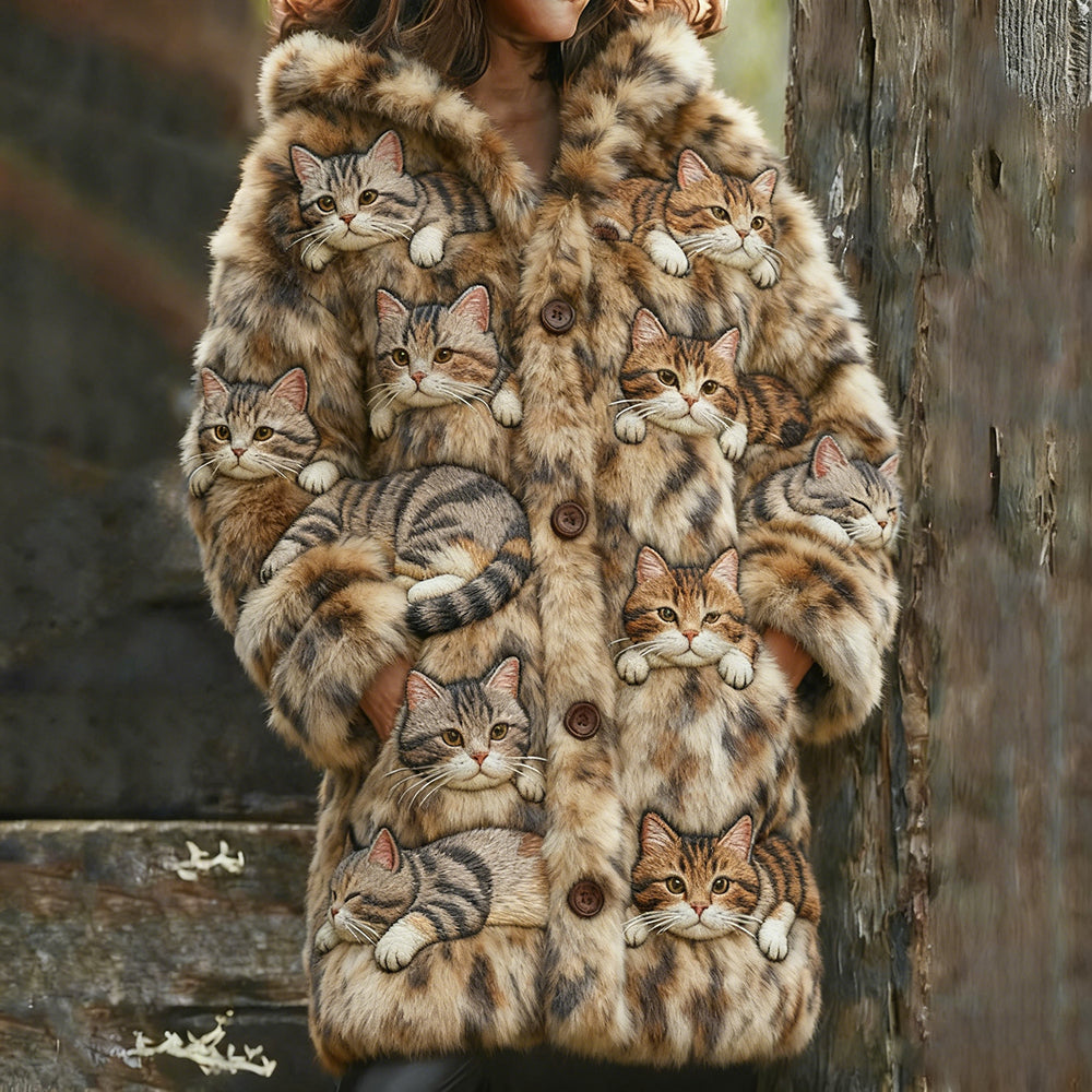 Leopard Print Cat Warm Flannel Hooded Long Cardigan elevenforest
