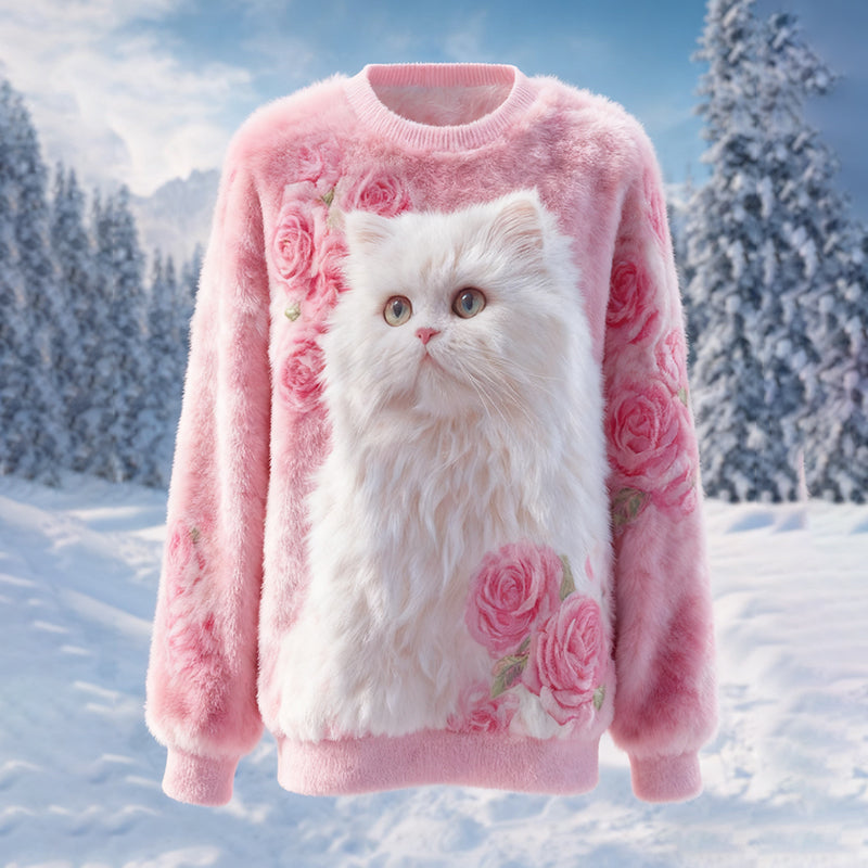 Women's Cat And Flower Pattern Crew Neck Plush Sweatshirt elevenforest