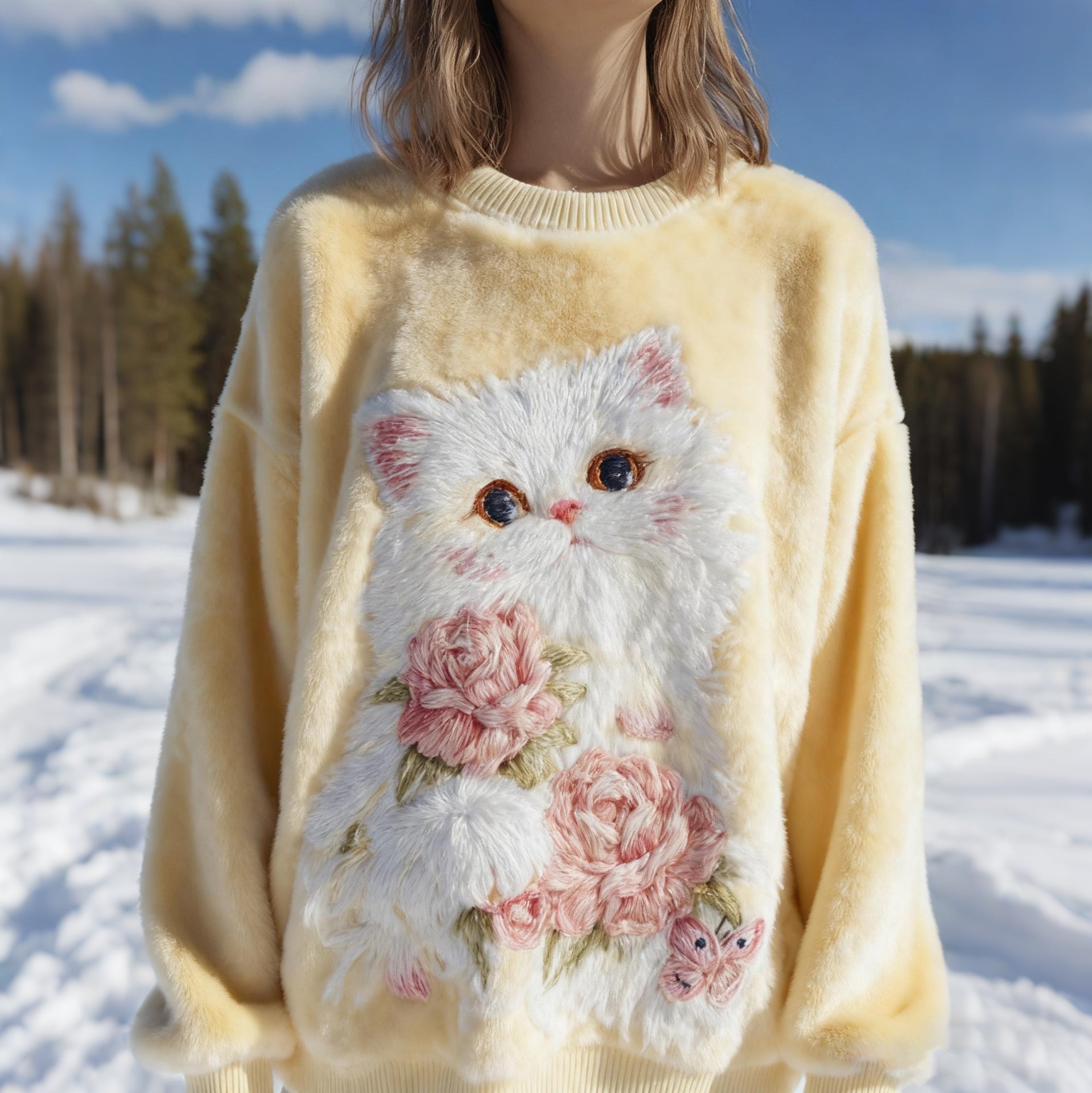 Women's Cat And Flower Pattern Crew Neck Cozy Plush Sweatshirt elevenforest