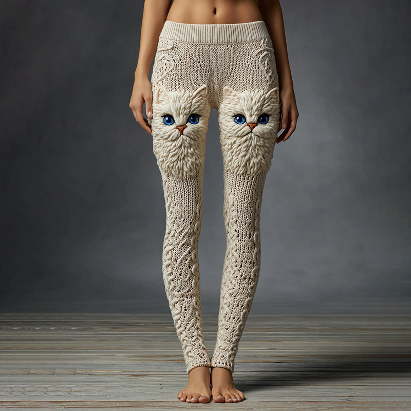 Women's Cute Cat Face Embroidered Cozy Casual Leggings elevenforest
