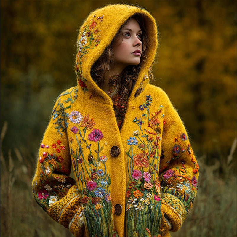 Vintage Cottage Wild Flowers Embroidered Cozy Knit Hooded Cardigan artswardrobe
