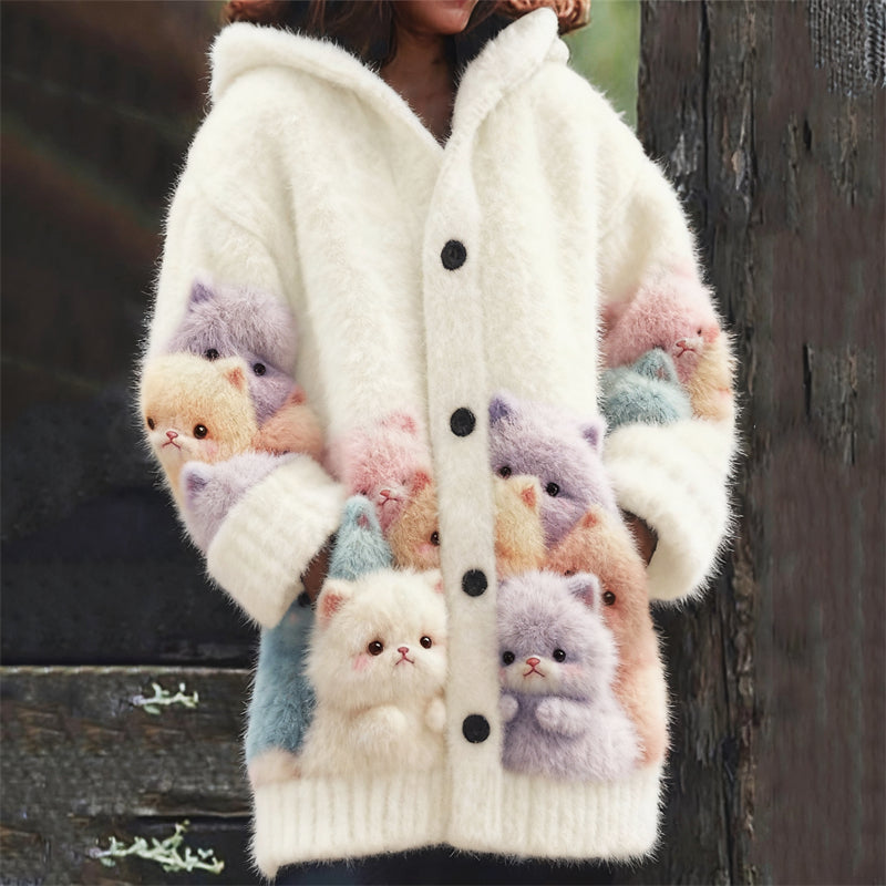Lovely Colorful Fuzzy Crowded Cats Cozy Hooded Cardigan elevenforest