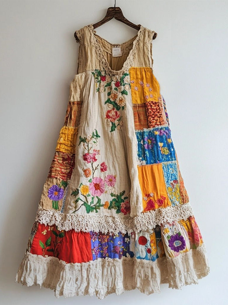 Floral Embroidered Lace Patchwork Linen Blend Dress artswardrobe