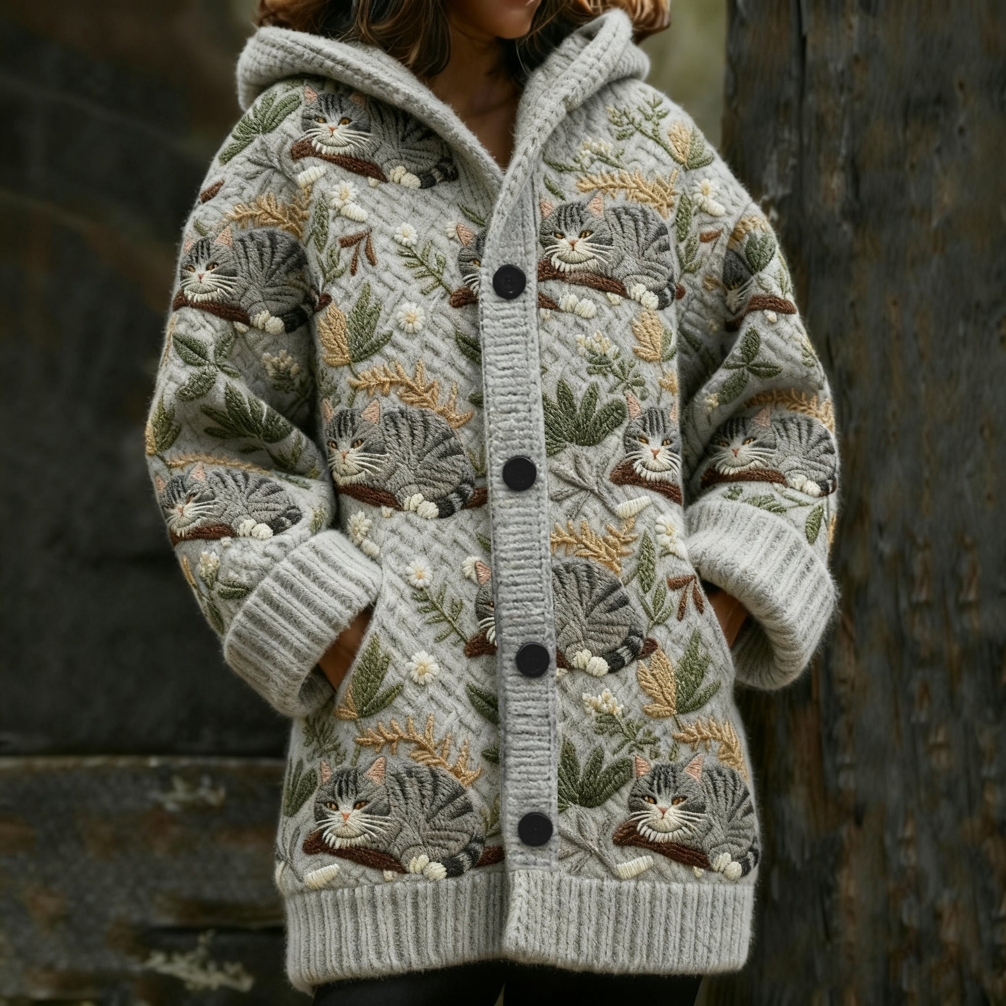 Women's Retro Lazy Cat Graphic Jacquard Hooded Knit Cardigan elevenforest