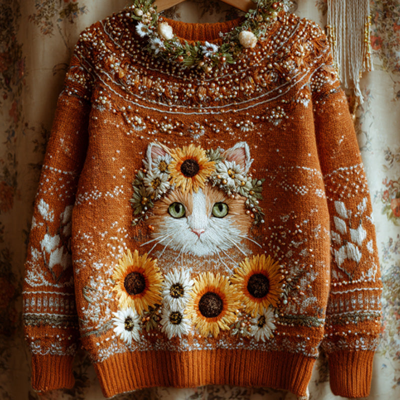 Women's Vintage Halloween Sunflower And Cat Embroidered Sweater elevenforest