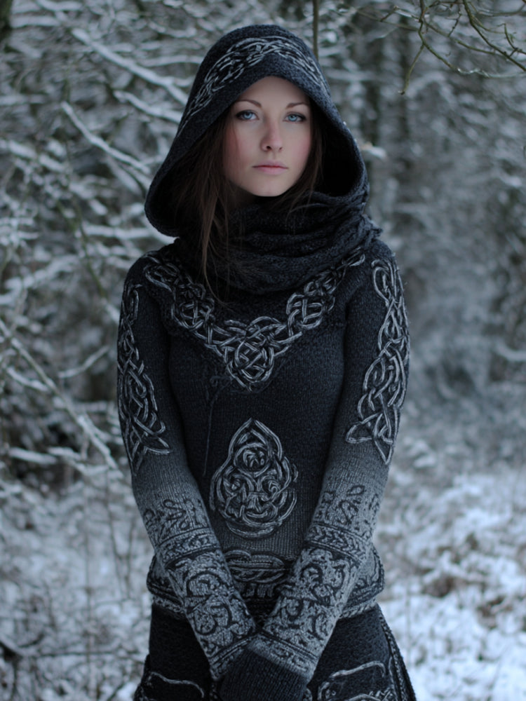 Viking Style Celtic Knot Gradually Changing Color Warm Hooded Sweater artswardrobe
