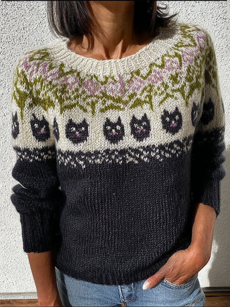 Women's Vintage Cat-print Multi-colored Long-sleeved Sweater elevenforest