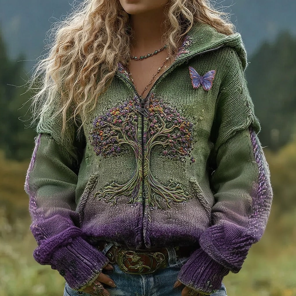 Women's Vintage Viking Tree Of Life Gradient Knit Jacquard Zipper Sweater artswardrobe