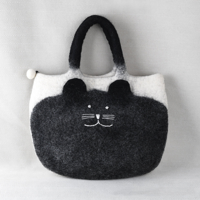 Lovely Black Cat Contrast Color Handmade Felt Handbag elevenforest