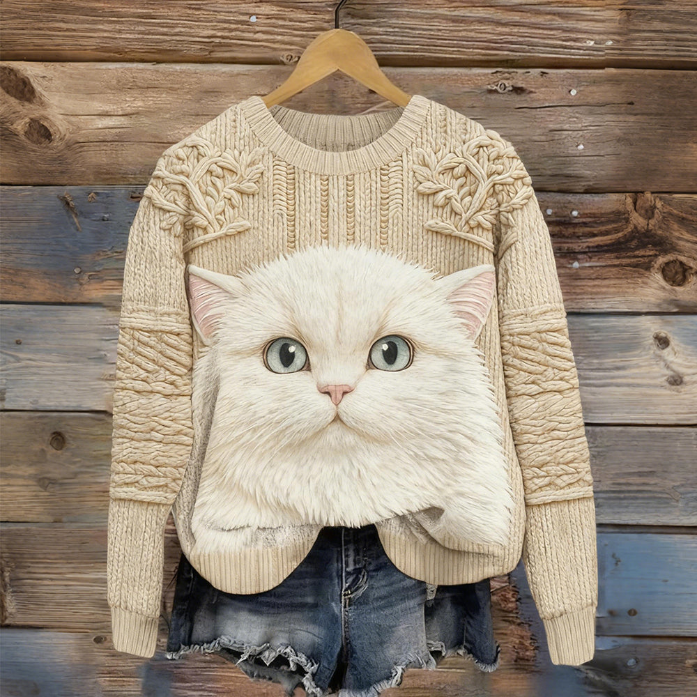 Cute Fuzzy Cat Art Pattern Vintage Cozy Knit Sweater elevenforest
