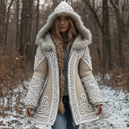 Women's Vintage Celtic Knot Knitted Print Fur Collar Zipper Sweater Jacket artswardrobe
