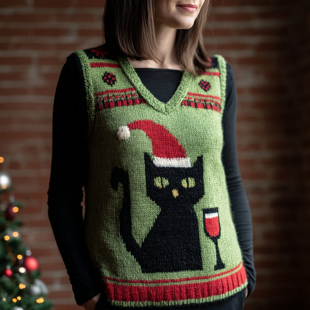 Christmas Black Cat Pattern V Neck Comfy Knit Vest elevenforest
