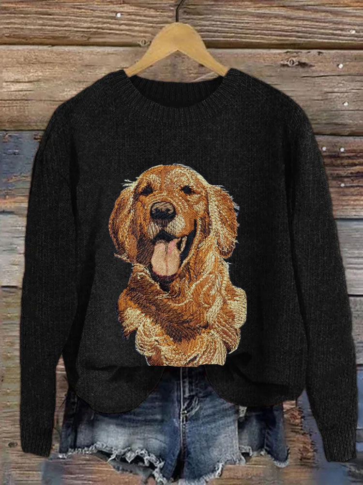 Comstylish Women's Christmas Golden Retriever Embroidery Print Sweater