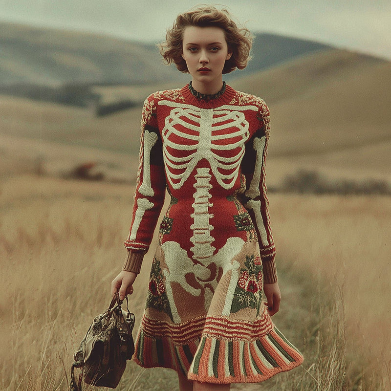 Comstylish Women's Vintage Skull Rib Pattern Color Block Knit Mini Dress