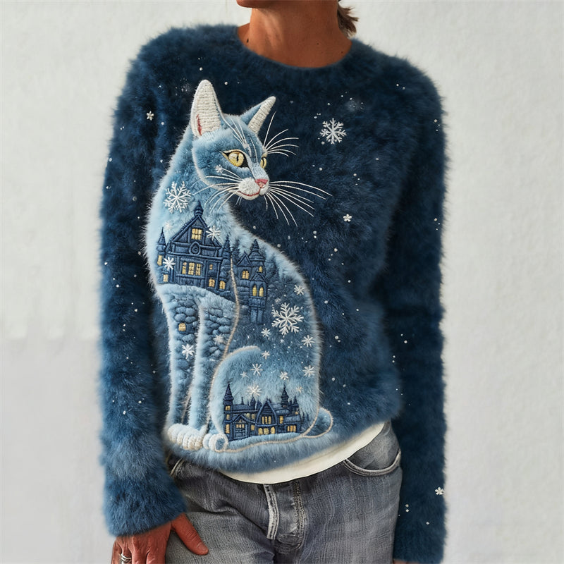 Classy Cat Christmas Landscape Snowflakes Cozy Plush Sweatshirt elevenforest