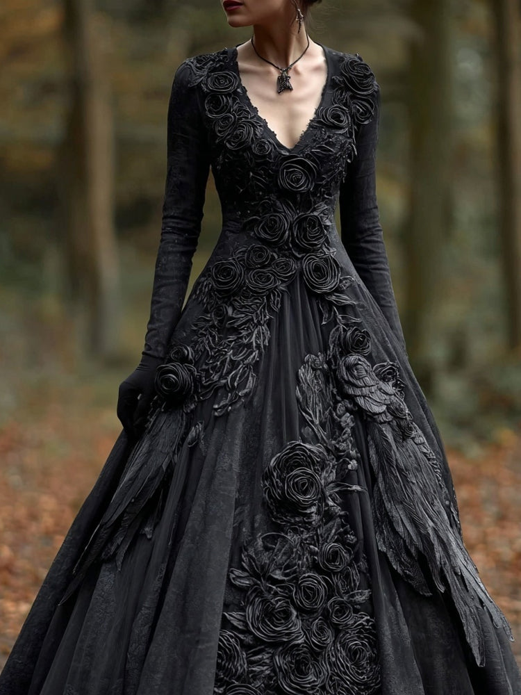 Comstylish Classy Crow Feathers & Roses Embroidered Maxi Dress