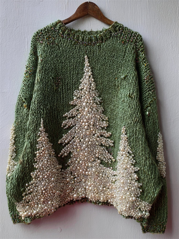 Vintage Christmas Trees Pearls Beaded Cozy Knit Sweater artswardrobe